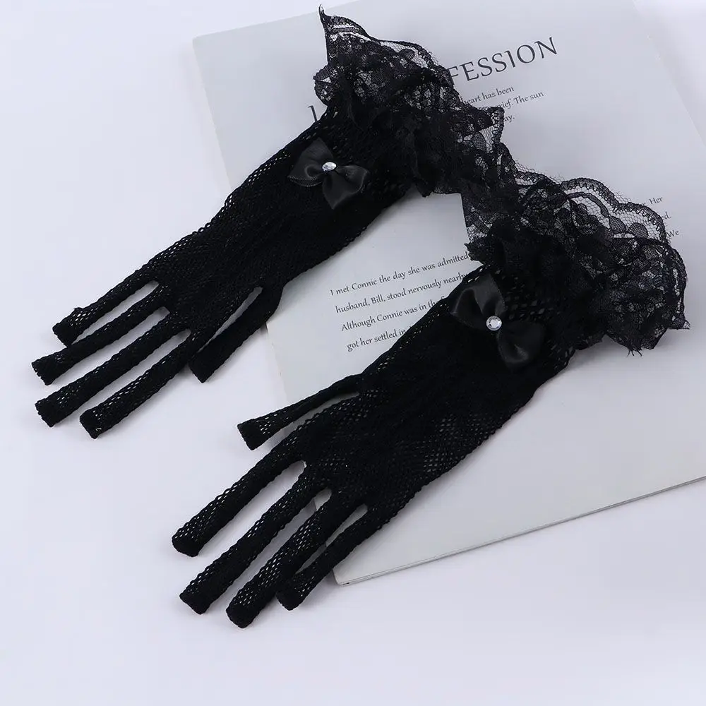 Sexy For Girls Crystal Flower Bow Fishnet Lace Wedding Gloves Women Driving Gloves Sun Protection Mittens