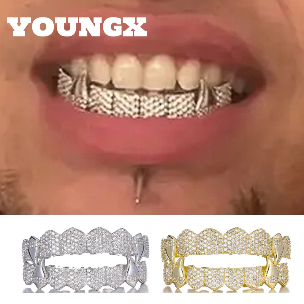 YOUNGX 8/8 Hip Hop Iced Out CZ Stone Tooth Caps For Women Men Dental Jewelry Shiny Zircon Teeth Grillz Halloween Gift