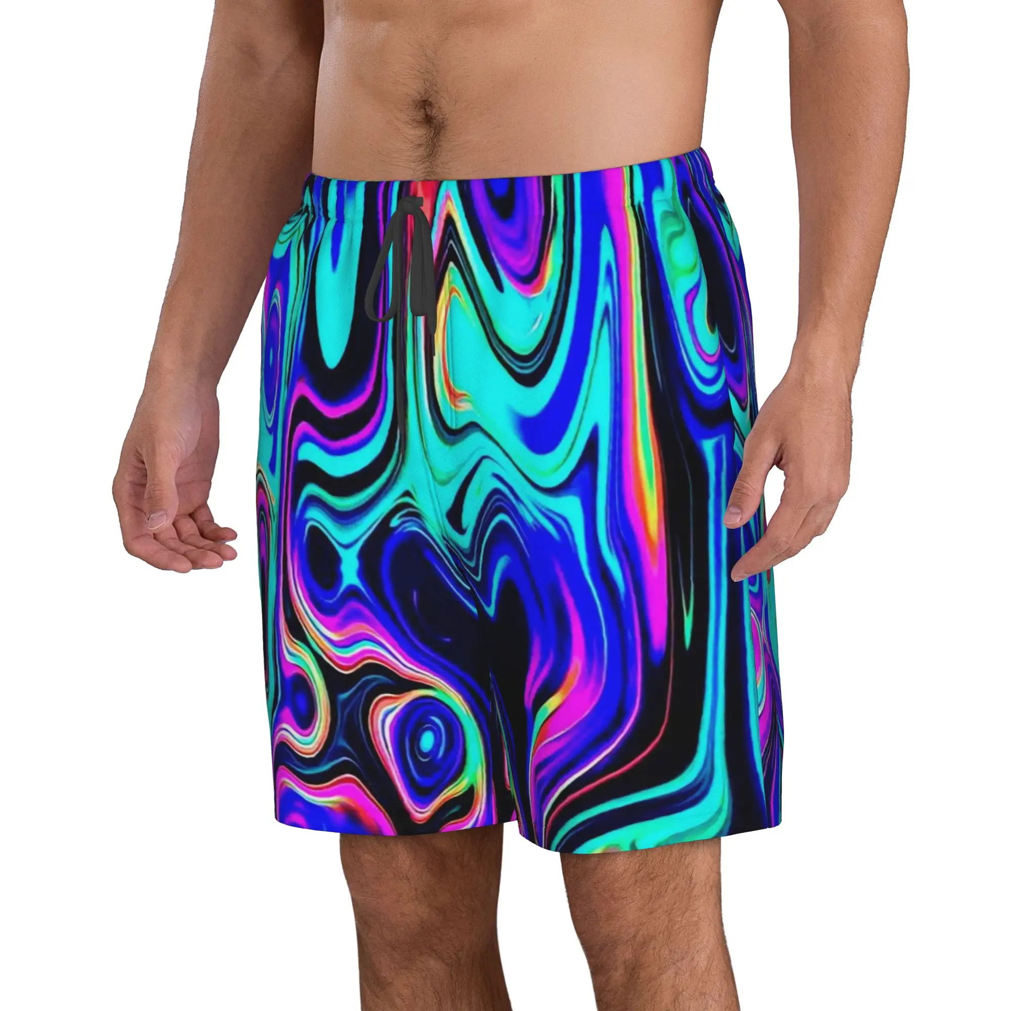 Vibrant Neon Abstract Fluid Marble Print Trunks Beach Board Shorts Casual Quick Dry Swim Summer Men Pants