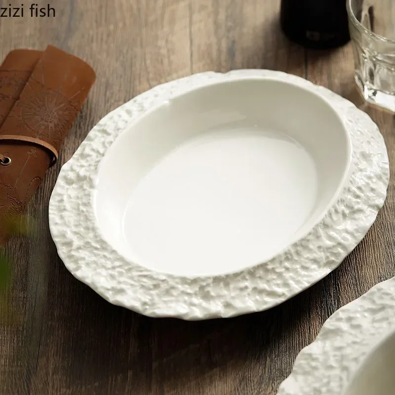 Ovaal diep bord met steenpatroon Keramisch servies Saladebord Soepbord Dessert Snackborden Pastaborden Speciaal servies