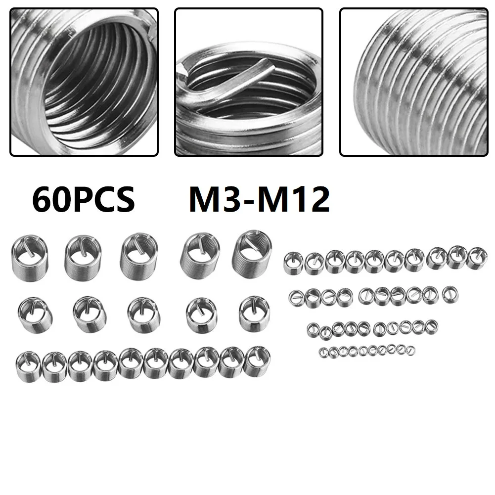 อุปกรณ์เสริมซ่อมด้ายใส่ 304 ลวดด้าย 60 ชิ้น/เซ็ตใส่ชุดซ่อมซ่อมเครื่องมือเกลียวเงินสแตนเลส