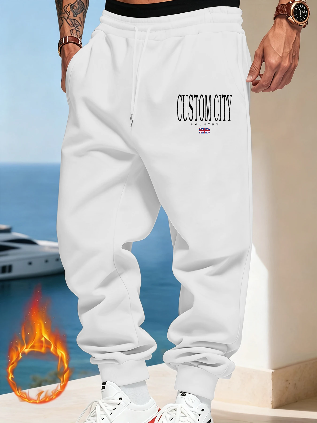 

Custom City Country England Print Mans Sweatpants Warm Fleece Trousers Joggers Casual Britches Pocket Fashion Long Pants