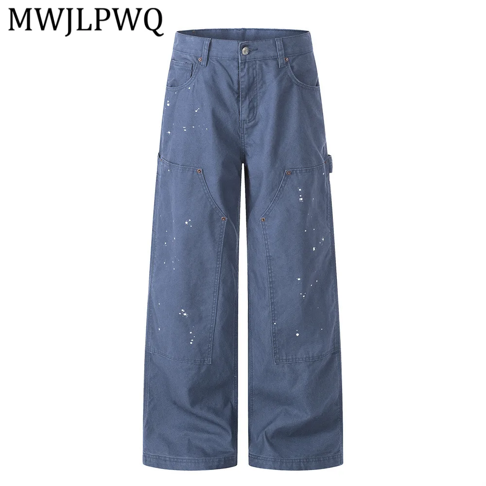 

MWJLPWQ Punk Paint-Plattered Workwear Wide-Leg Pants For Men Trend Vibe Style Patchwork Design Loose Straight-Leg Trousers 14707