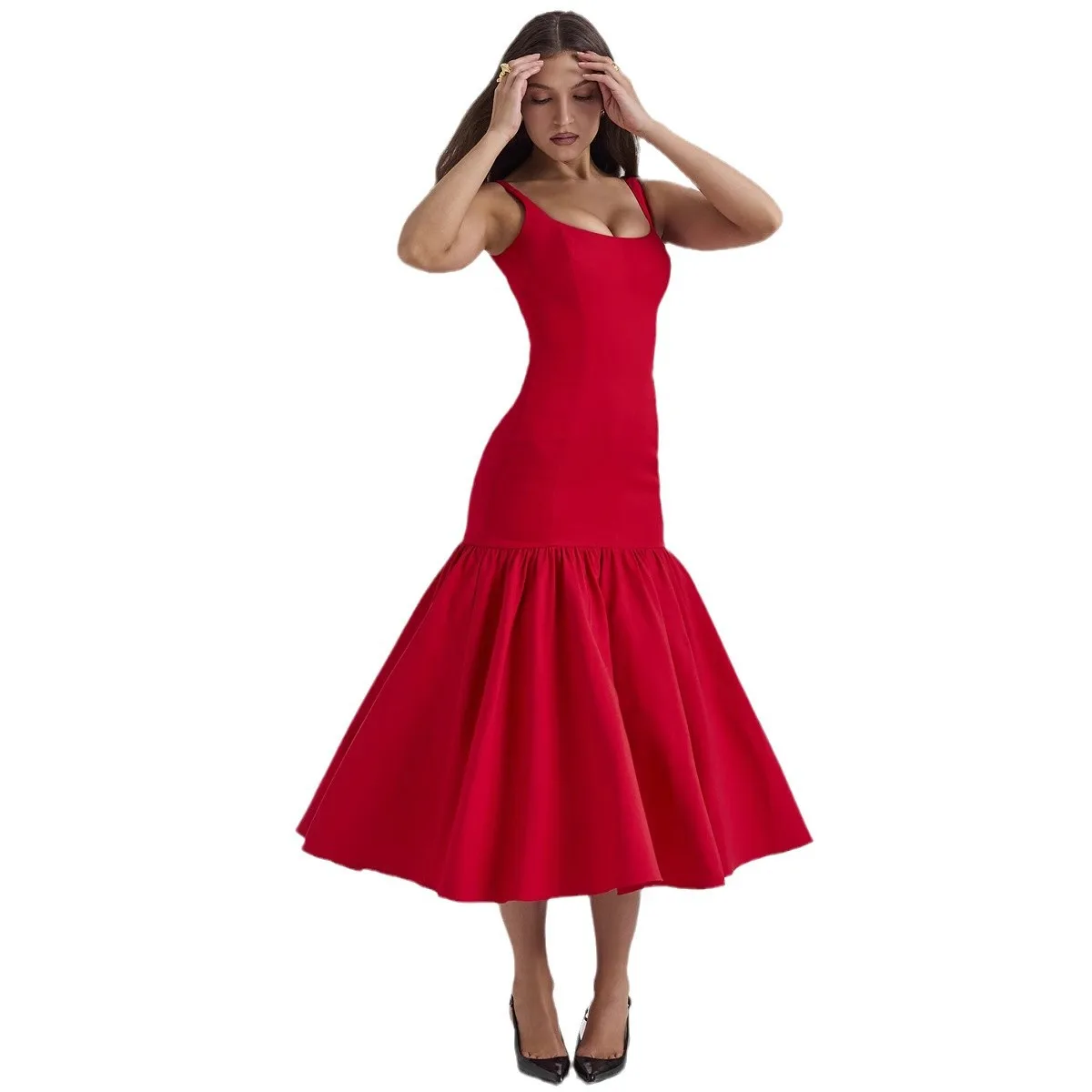 ชุดเดรสผู้หญิง ผ้าแจ็คการ์ด ผ้าซาตินประดับทอง จับจีบเข้ารูป แขนกุด สำหรับงานเลี้ยง สไตล์จีนใหม่ เรียบหรู เบาสบาย เซ็กซี่