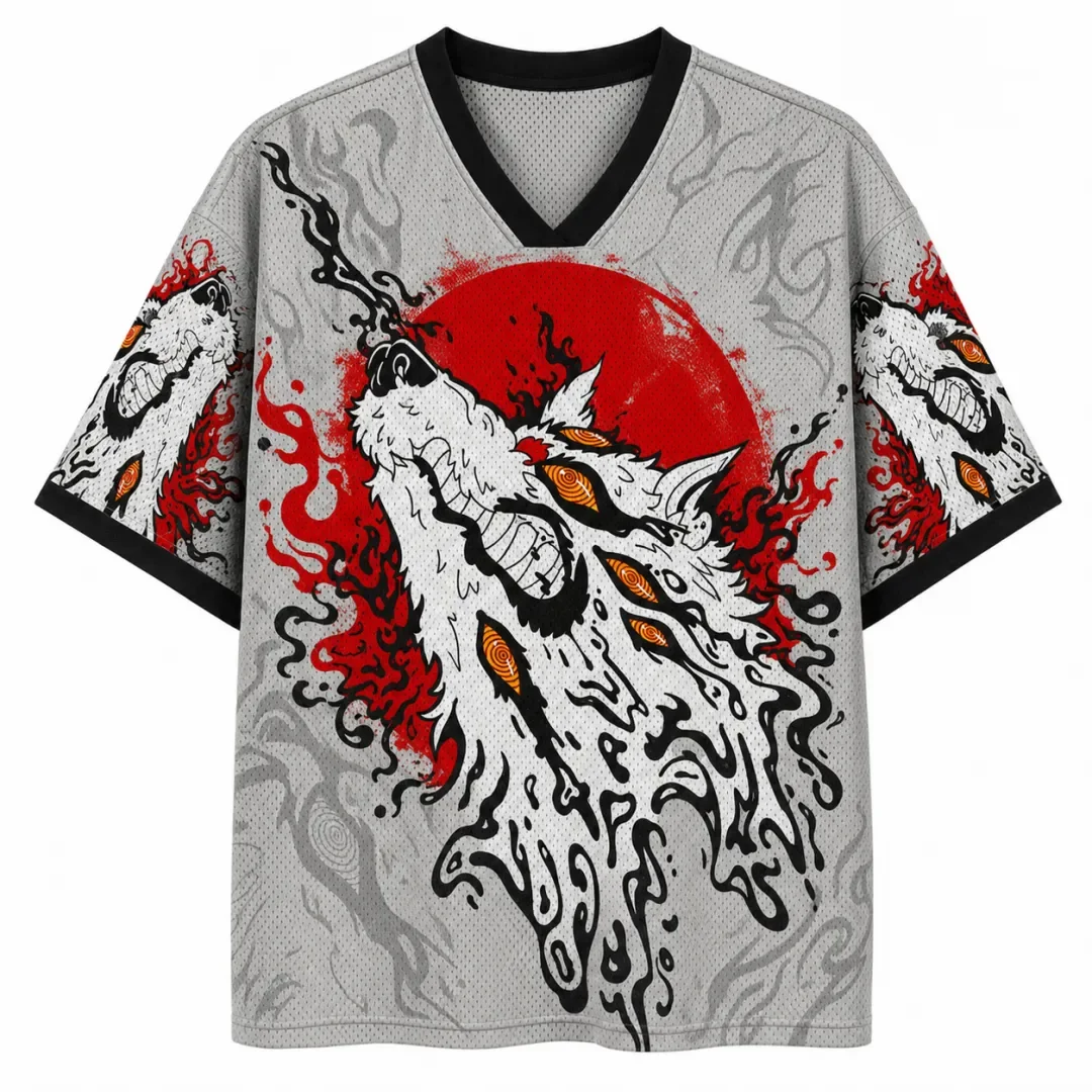 Mysterious Multi Eyed Wolf Howl Red Sun Pattern Full Screen Printed Eastern Black Flame Tattoo Style Sports T-shirt