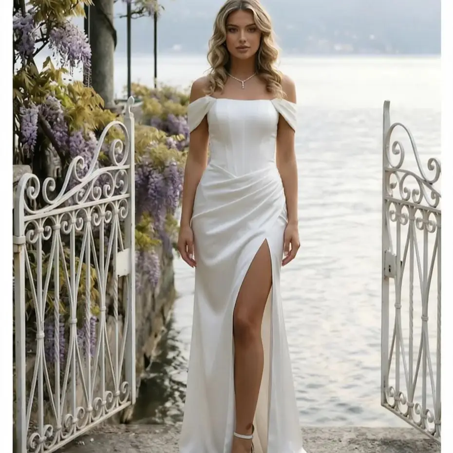 Customized Off Shoulder Satin Mermaid Bridal Gown Side Ruched High Slit Floor Length Minimalist Civil Wedding Reception Dress