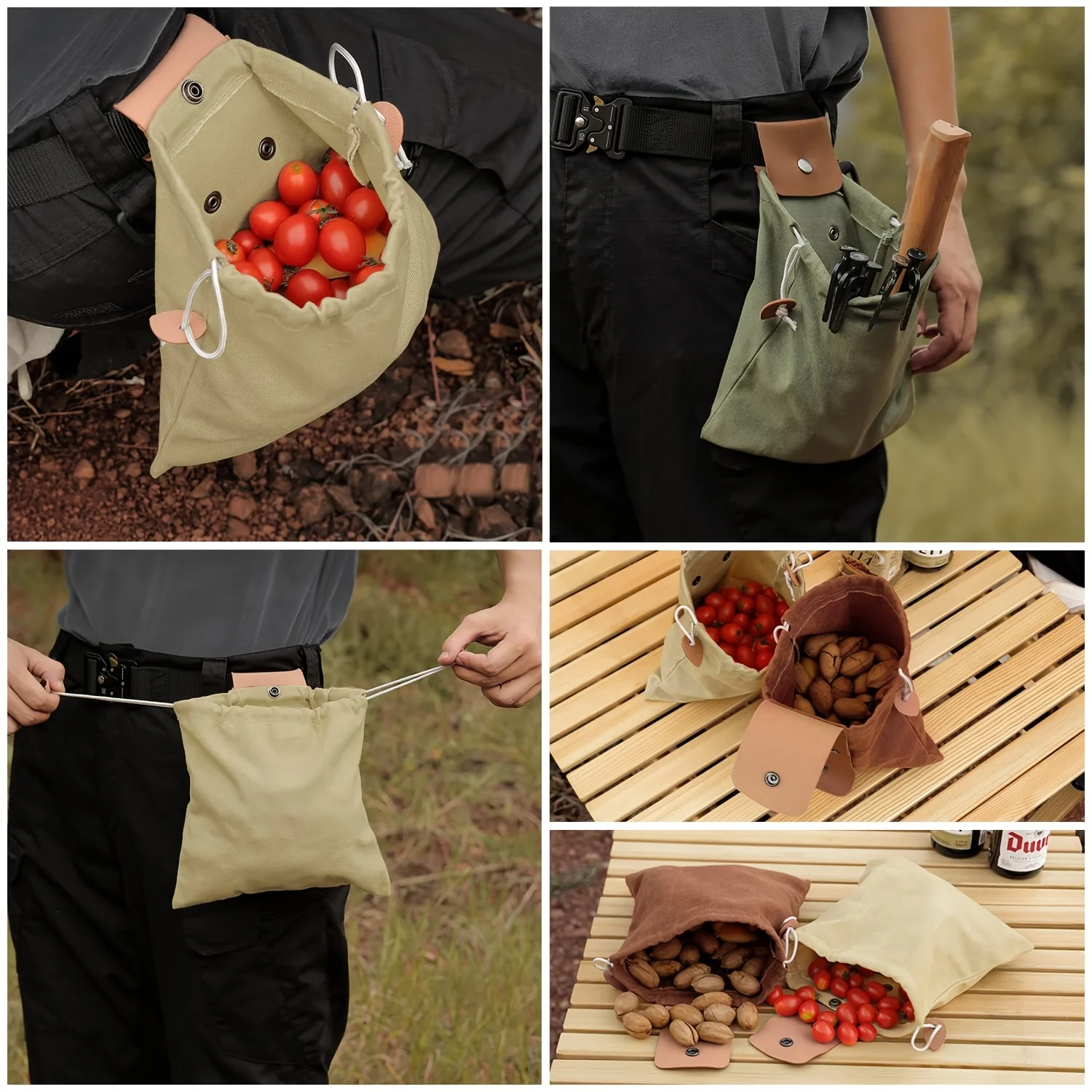 Canvas Belt Mount Foraging Drawstring Pouch, Mushroom Berry Collection Bag for Hiking Camping