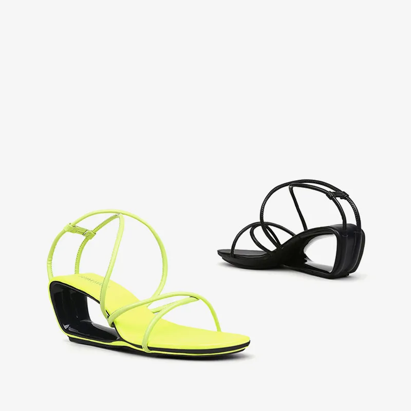 Fluorescent Green Gladiator Narrow Strap Women Sandals Ins Design 6cm Fretwork High Heels Summer Sandalias Black Casual Zapatos