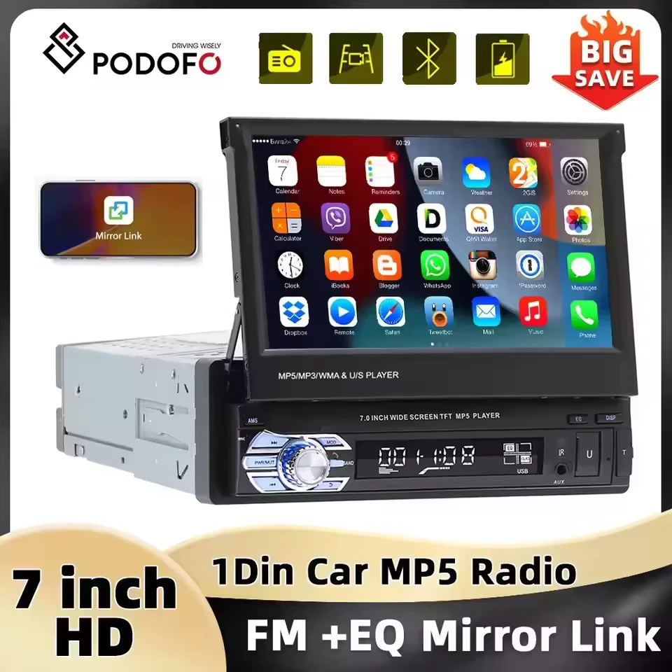 Podofo-reproductor Multimedia con pantalla táctil para coche, Radio con Bluetooth, FM, USB, EQ, 4 núcleos, 7 pulgadas, Mirrorlink, MP5, 1DIN