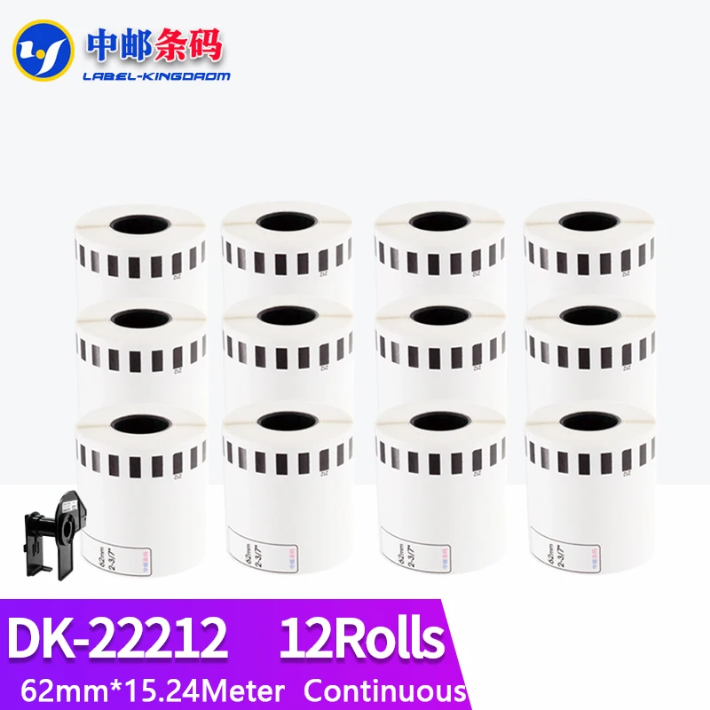 12 Refill Rolls Generic DK-22212 Label 62mm*15.24M Continuous Compatible for Brother Label Printer White Color DK-2212 DK22212