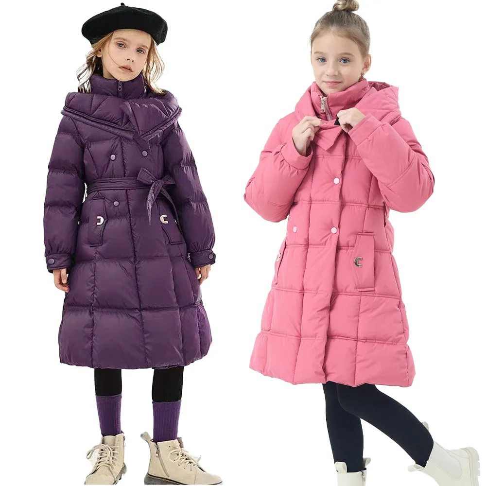 Winter Girls Cozy Puffer Coat Jacket Long Knee Length Down Cotton Belted Children Clothes Teenage Parka Hooded Snowsuit 4-14Y