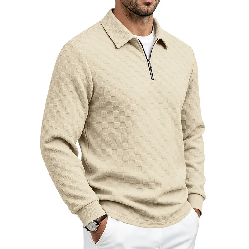 Men's Spring Autumn Half-Zip Collar Checkered Long-Sleeve Polo Shirt Hoodies