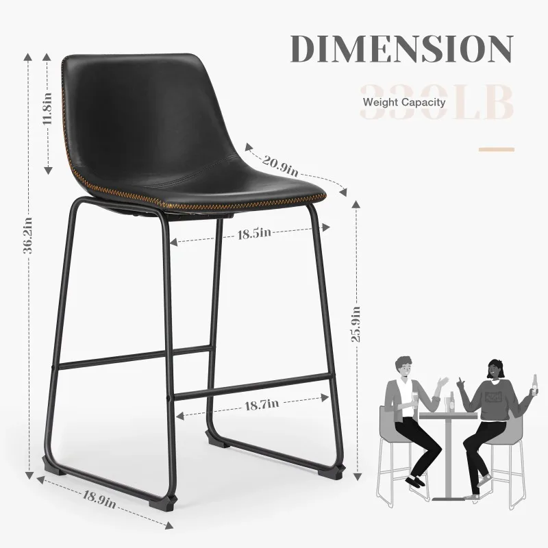 Pu Leather Bar Stools Set of 2 Counter Height High Kitchen Dining Chairs Comfortable Sponge Cushion Island Modern Stool