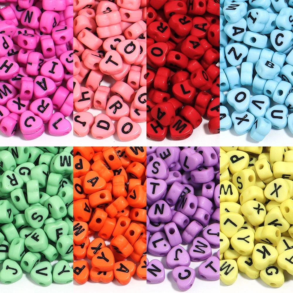 100 teile/los Acryl Herzform Buchstaben Perlen einfarbige flache Alphabet Perle für Schmuck machen DIY Armband Halskette Charms