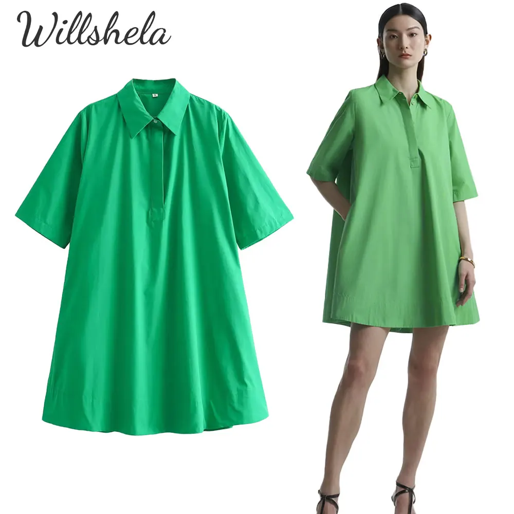 Willshela, moda para mujer, Mini vestido camisero holgado de algodón con brocado, cuello de solapa, manga corta, Vestidos cortos informales elegantes para mujer