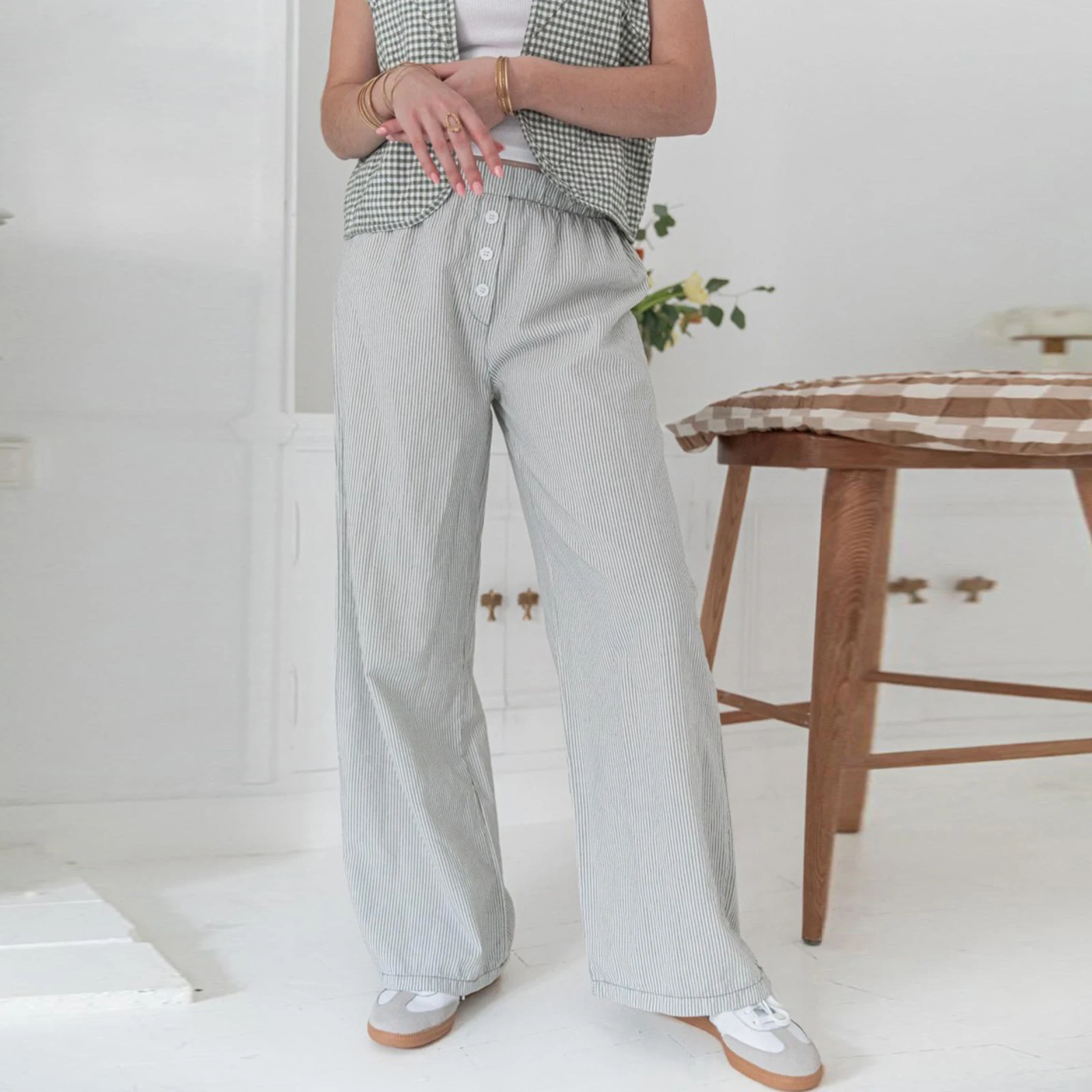 

Женские весенне-летние мешковатые брюки с эластичным поясом, свободные широкие брюки в полоску/однотонные брюки