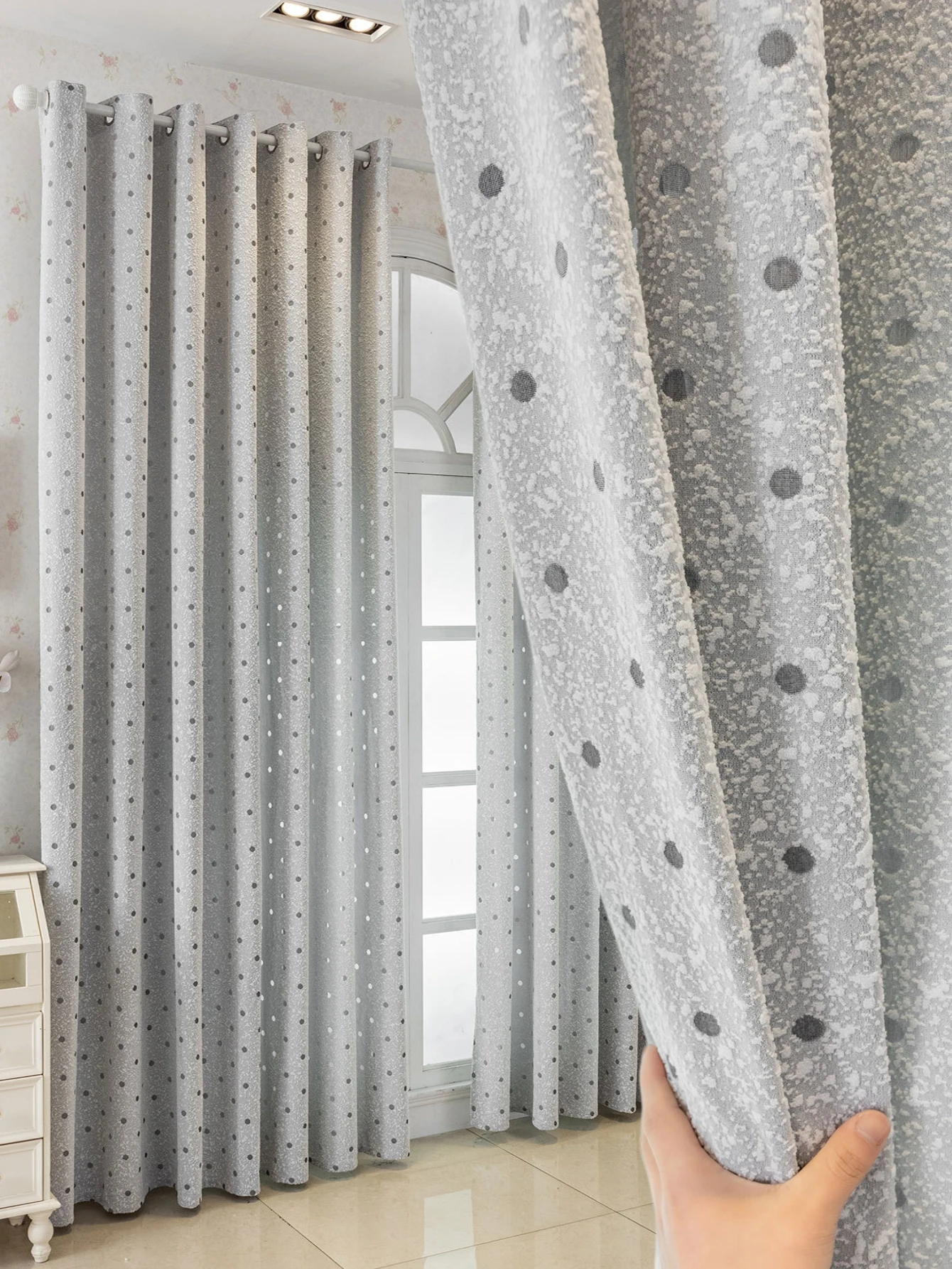1pc Wabi-Sabi Earth Tone Single Curtain, Light Gray Textured Fabric with Subtle 3D Dots, Blackout Heat Insulation Noise Reduct