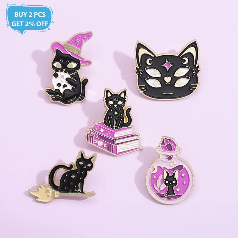 Witch Cats Enamel Pins Custom Black Kitten Spell Book Punk Gothic Animal Brooches Lapel Badge Halloween Jewelry Gift For Friends