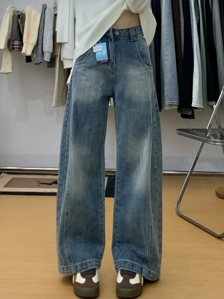 プラスサイズ ハイウエスト ブルー ジーンズ レディース ストレートレッグ ワイドレッグパンツ 梨型体型 着痩せ ルーズフィット カジュアルウェア