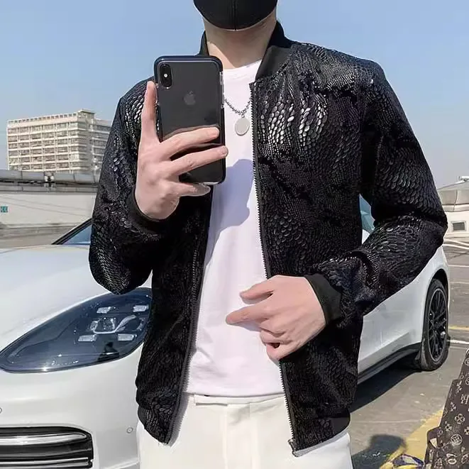 Men's Hip Hop Black Sequined Bomber Jacket | Night Club Stage Performance Coat | Thin Motorcycle Zipper Outerwear for Party