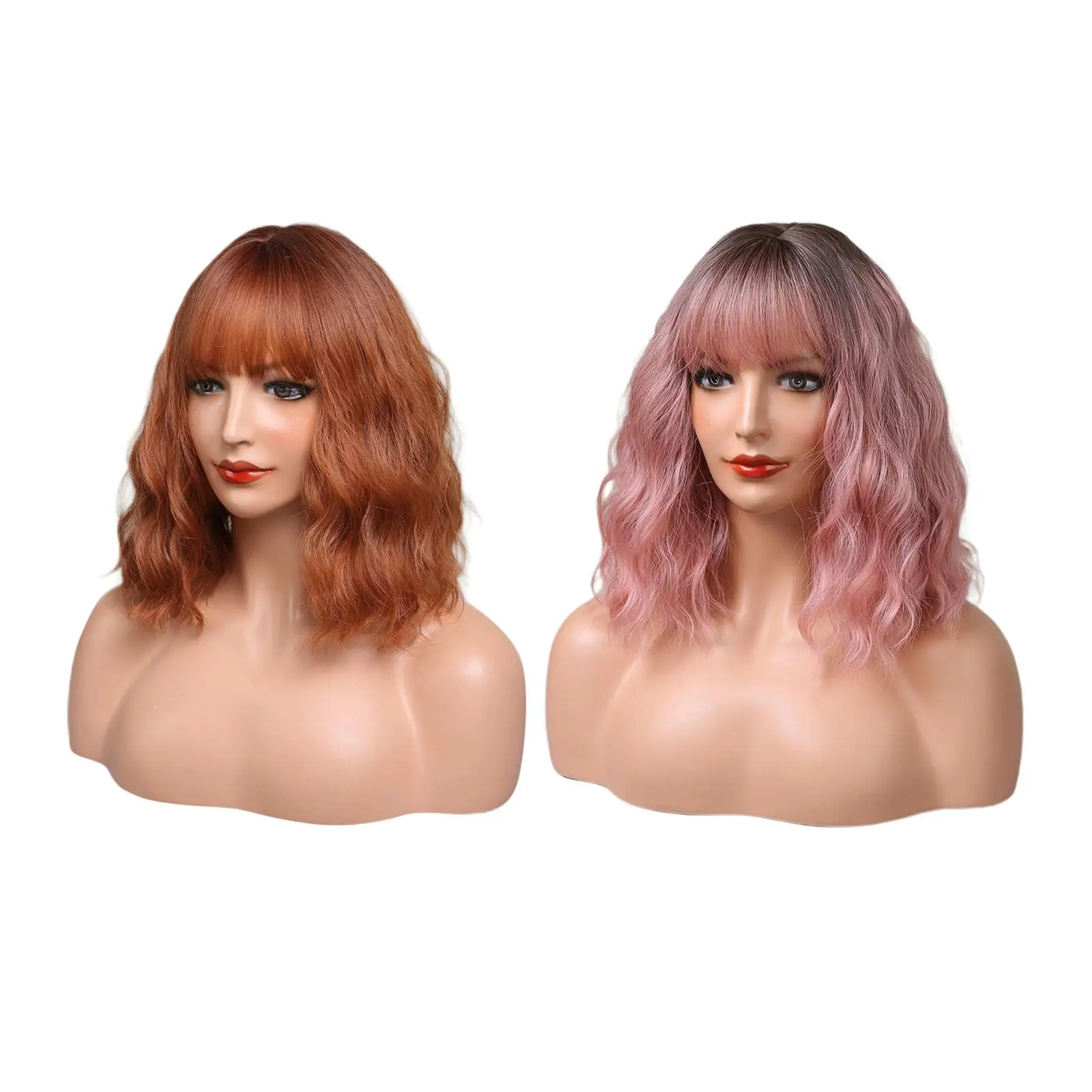 Synthetic Wig Female Women Wig with Bangs Curly Wavy Shoulder Length Wig Sheath Party