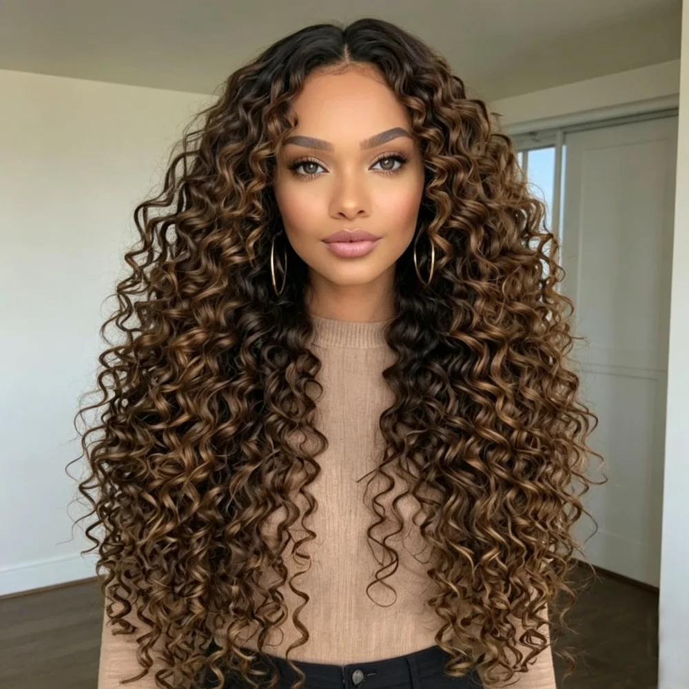 

Soft Ombre Brown 26 Inch Kinky Curly 180 Density Lace Front Wig For Women With Baby Hair Synthetic Preplucked Glueless Daily