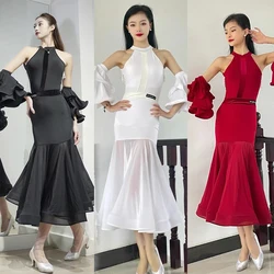 Ballroom Dance Dress Women Summer Backless Performance Costume Prom Party Dress Suit White Red Bodysuit+Skirt Waltz Wear BL12319