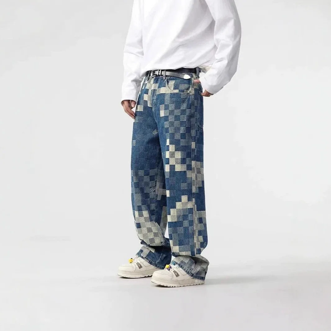 Men's Checkerboard Jeans Wide Leg Baggy Denim Pants High Street Y2K Retro Vintage Harajuku Streetwear Hip Hop Loose Fit Trousers
