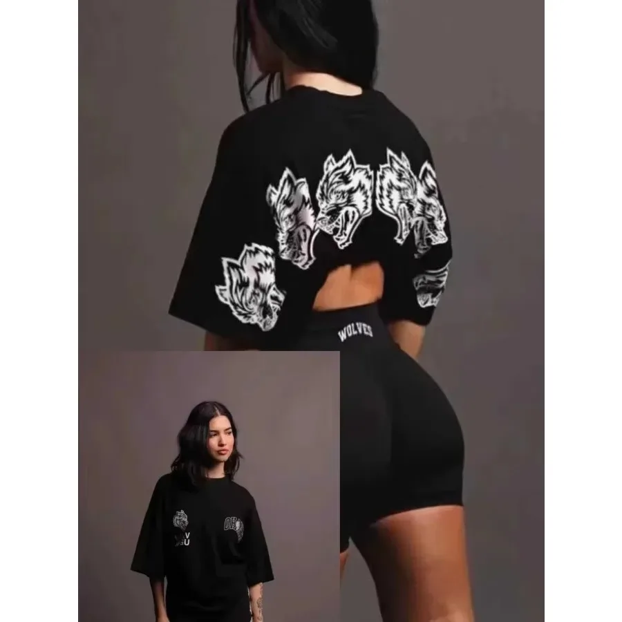 

Summer trendy women's pure cotton breathable wolf head pattern printed T-shirt personality cool style