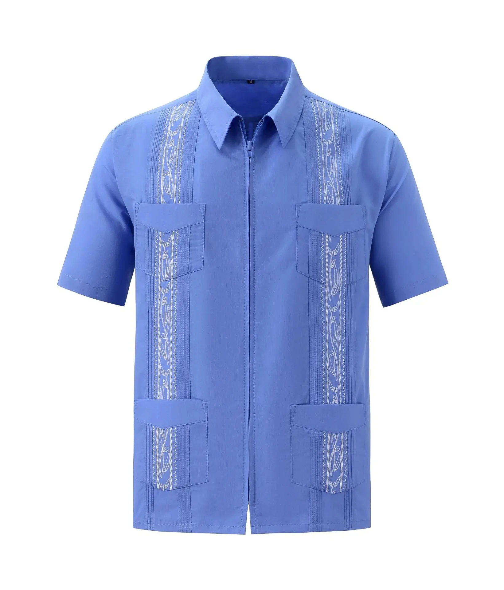 Camisa Guayabera Cubana de Manga Corta con Bordado para Hombre, Talla Grande, Estilo Safari, con Cierre y 4 Bolsillos