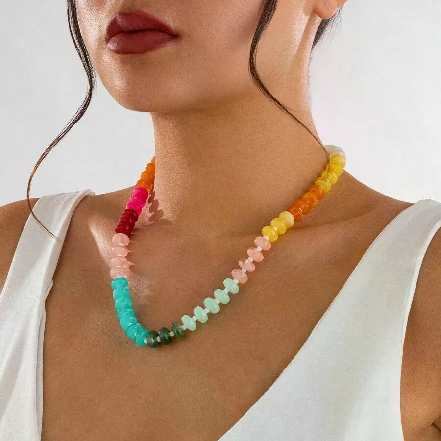 1pc Boho Chic Style Elegant & Sweet Colorful Acrylic Beaded Necklace, Women Holiday Birthday Date Night Party Travel Shopping Casual Daily Accessory