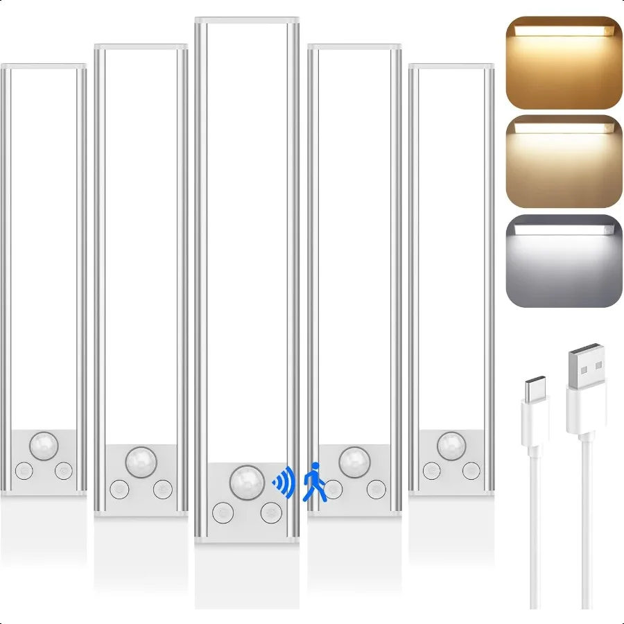 

5Pack Under Cabinet Lighting 68LED 2000mAh Rechargeable Battery Operated Motion Sensor Light Indoor 3 Color Wirel Dimmable Clos