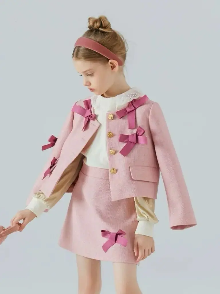 New Girl Set Spring and Autumn New Children's Sweet Pink Bow Coat Short Skirt Fashion Two piece Set