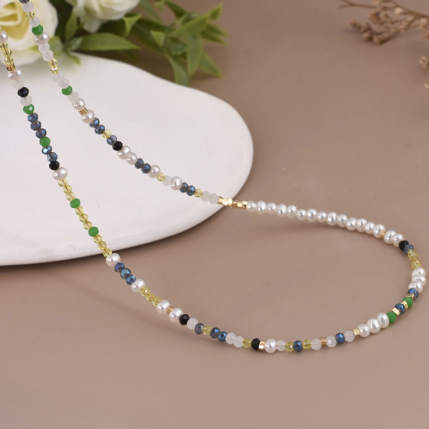 Sweet Style Small Natural Stone Glass Pearl Splicing Strand Necklace for Women Personality Versatile Temperament Sweater Chain