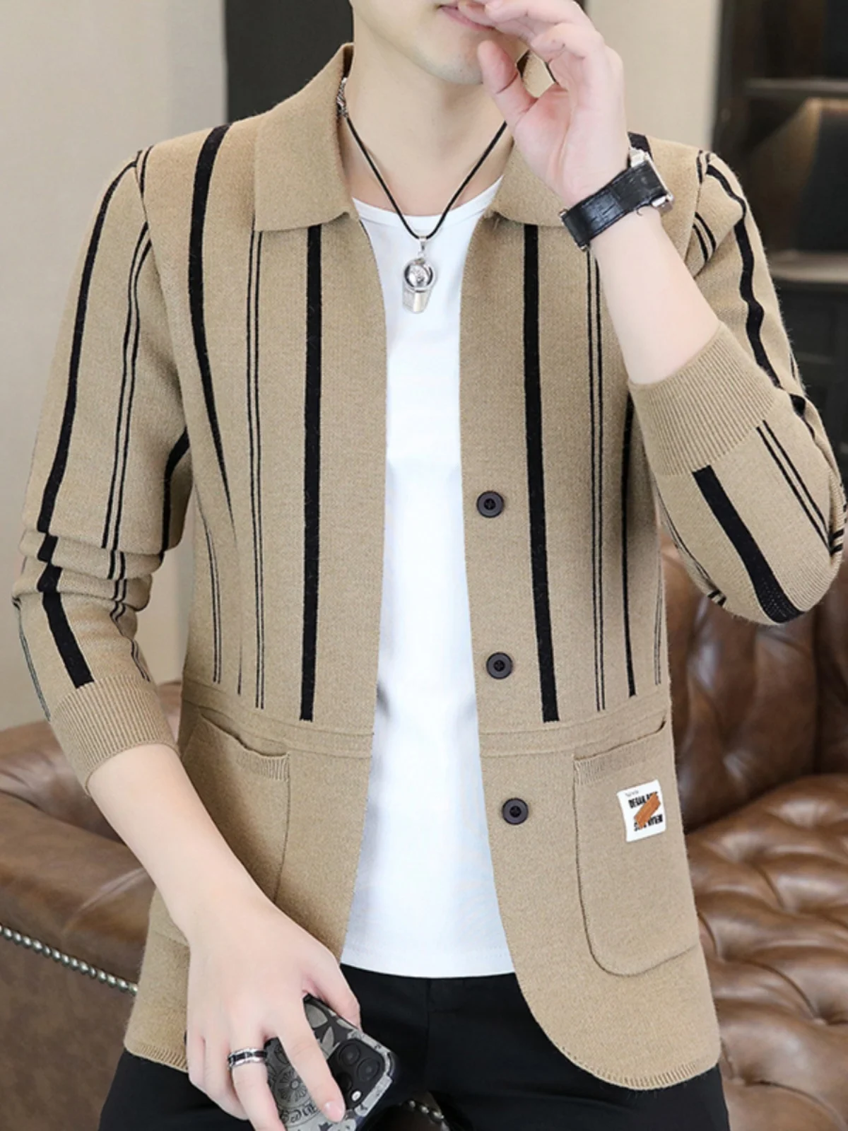 

Spring Autumn Men's Knitted Cardigan Striped Contrast Color Collar Faionable Sweater Coat Youth Casual Polyester Blend