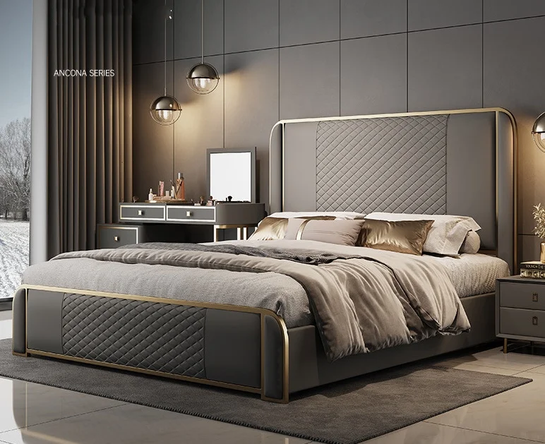 ！@Modern Simple Nordic 1.5/1.8 M Multifunctional Double Bed High Box Storage Wooden Frame Leather Upholstery Revolving Feature
