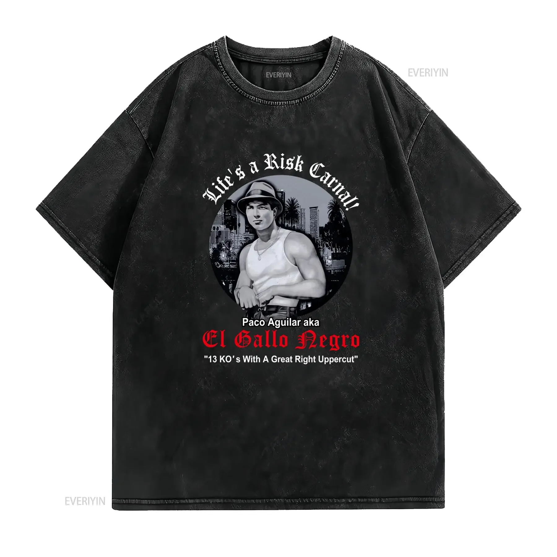 Vintage Chicano Streetwear El Gallo Negro Paco Aguilar Boxing Print Casual T Shirt vintage Washed streetwear designer clothes