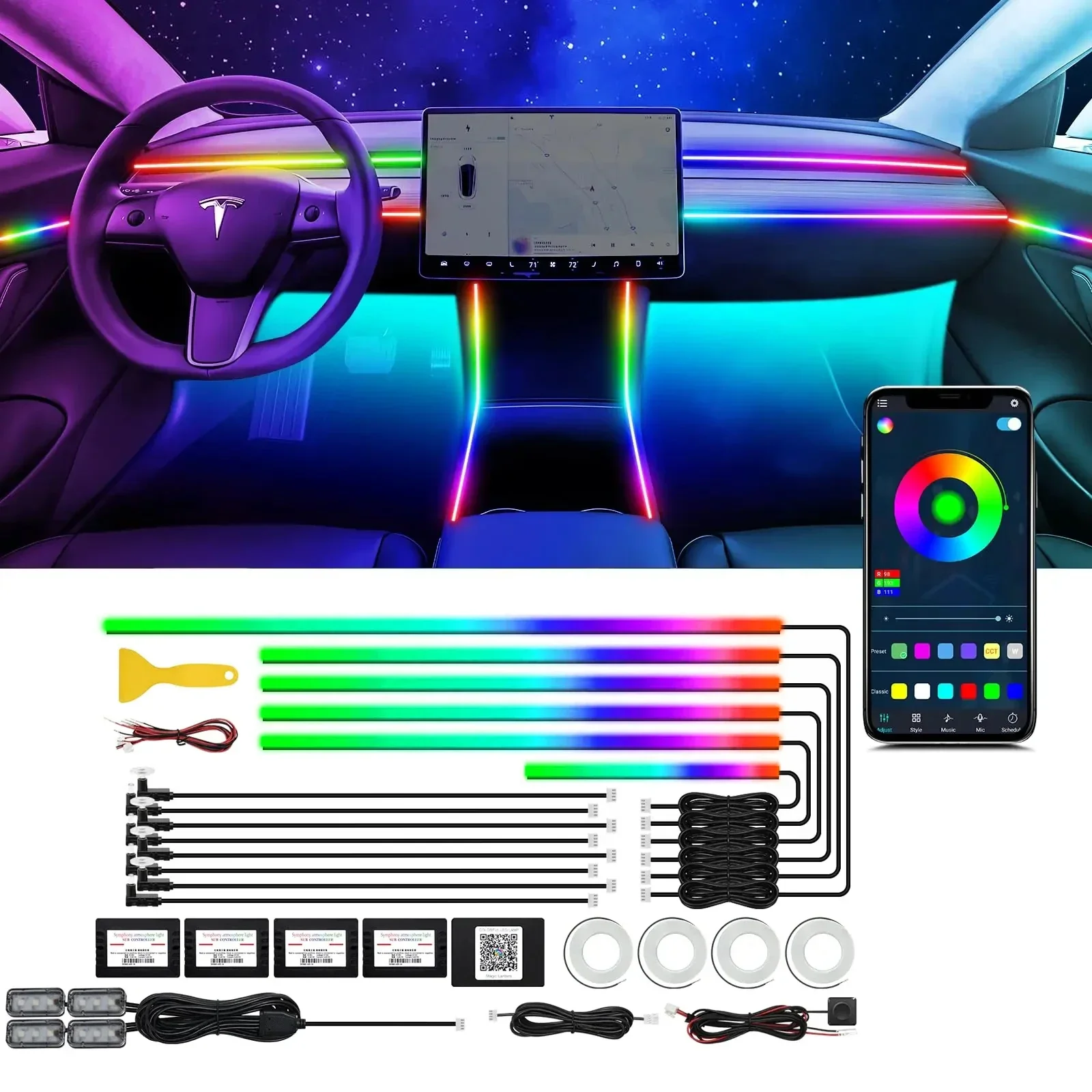 Ambient Light 64 Colors Car Acrylic Strips 18 In 1 110cm 90cm 75cm 35cm 20cm Full Colors RGB Car Interior Bluetooth App Control