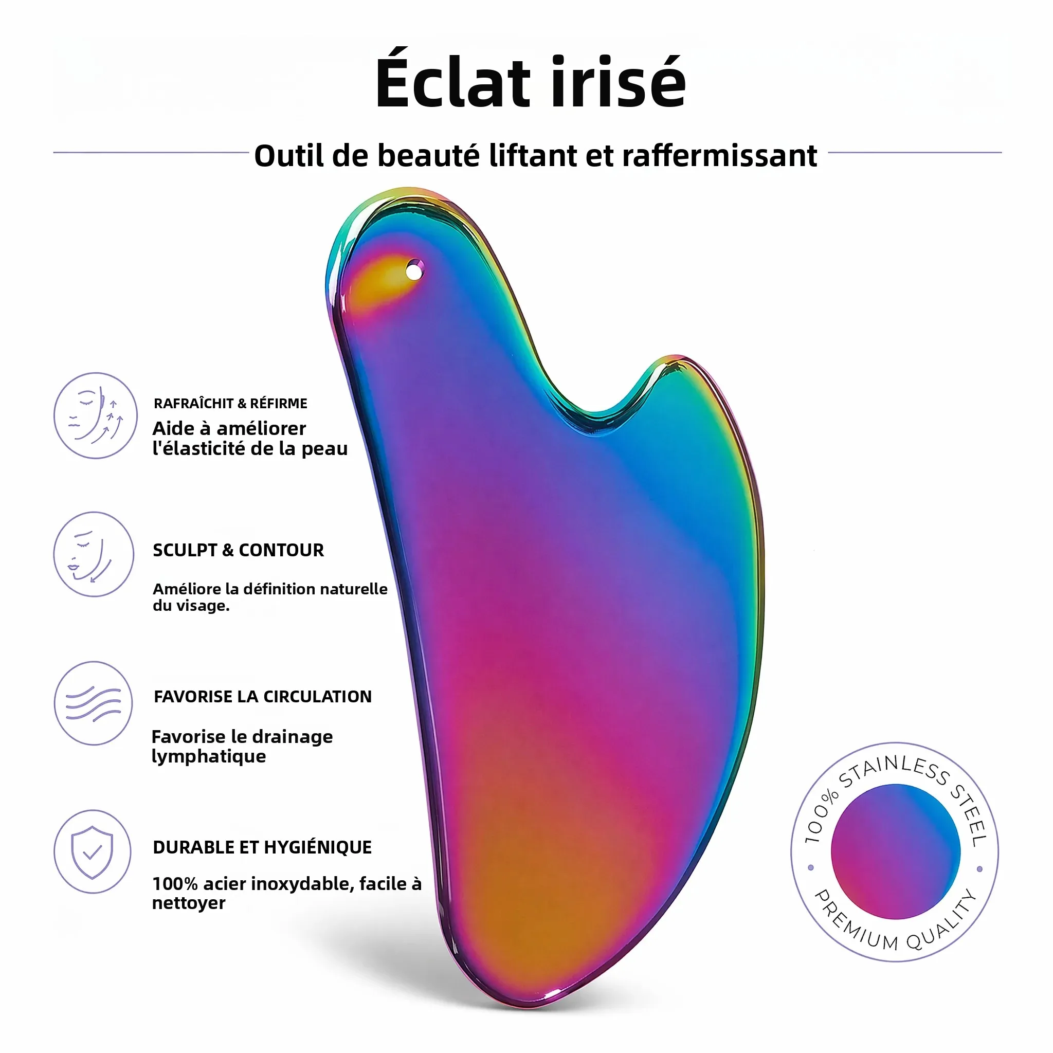 1 pièce Planche Gua Sha en acier inoxydable holographique/noir pour le visage, le cou et le corps, outil de massage pour la relaxation, le lifting et les soins quotidiens de la peau, outil SPA