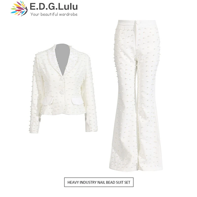 

EDGLuLu 2025 New Design Beaded Blazer Coat+High Waisted Wide Leg Pants Black White Suit Sets Womens 2 Piece 0505
