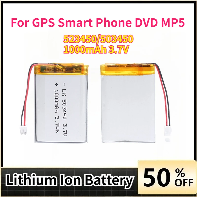 

High-Quality 523450/503450 3.7V 1000mAh Polymer Lithium Replacement Battery JST PH2.0 2pin for GPS Smart Phone DVD MP5