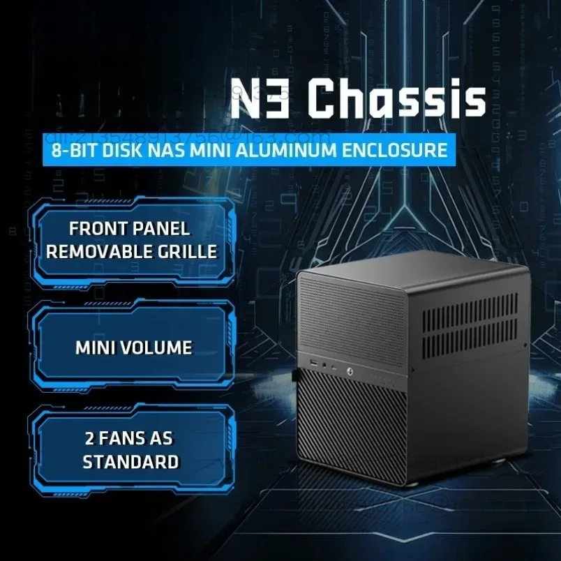 N3 NAS Mini Aluminum ITX Desktop Case 8 HDD Support 130mm Heatsink 250mm Graphics SFX Power Supply with Silent Case Fan