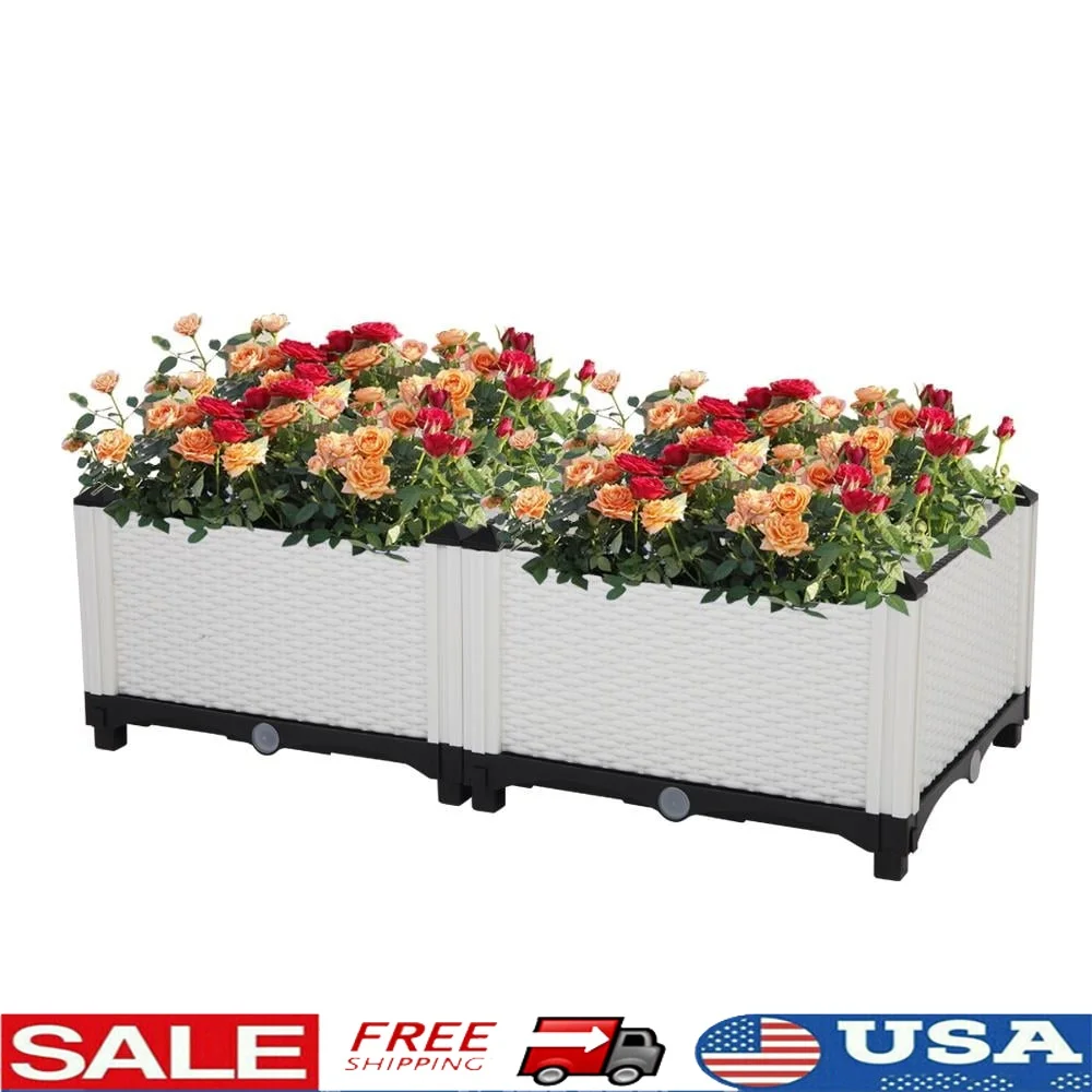 

White Plastic Raised Bed Garden Planter Box Set of 2 Lightweight Durable Easy Assembly Patios Balconies Gardens Outdoor Use