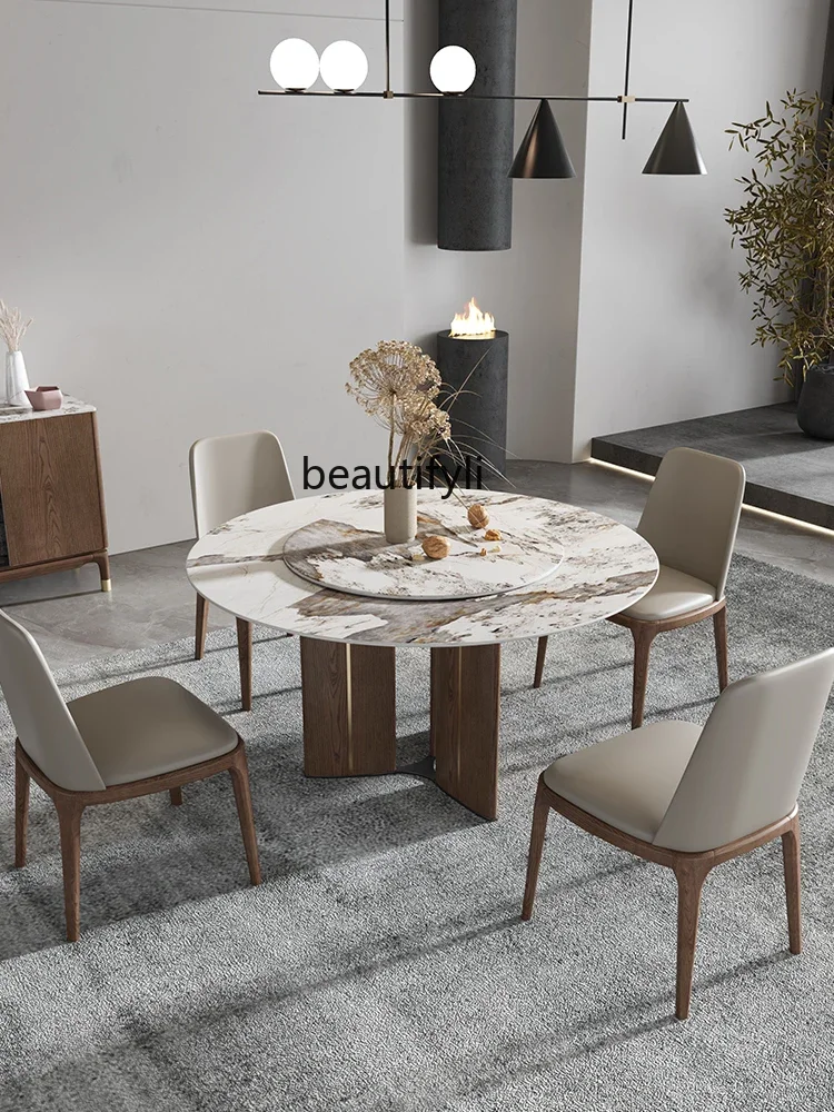 ls 42Nordic solid wood dining table and chair combination rock slab round table with turntable modern dining table