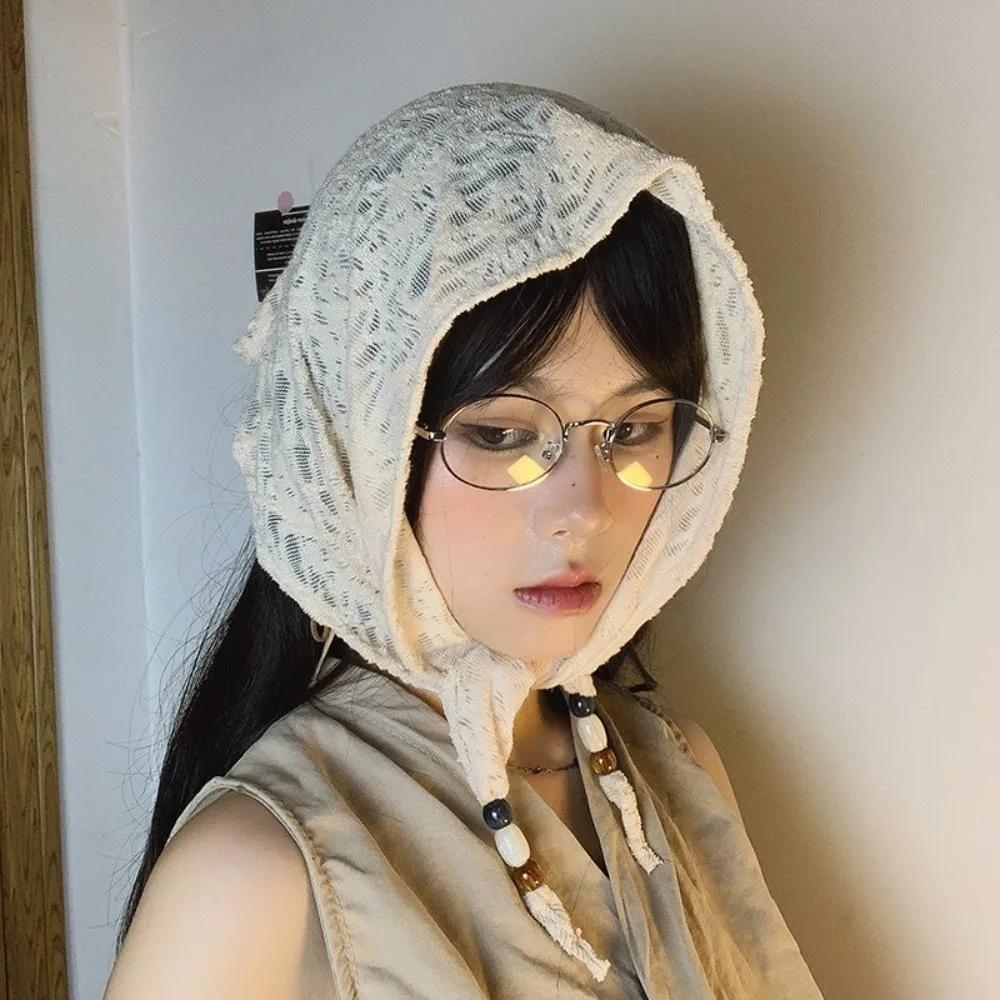 Temperamento Sciarpa per capelli con perline vintage Coreano Y2k Turbante in pizzo Sottile dolce Bandana triangolare Fazzoletto da collo