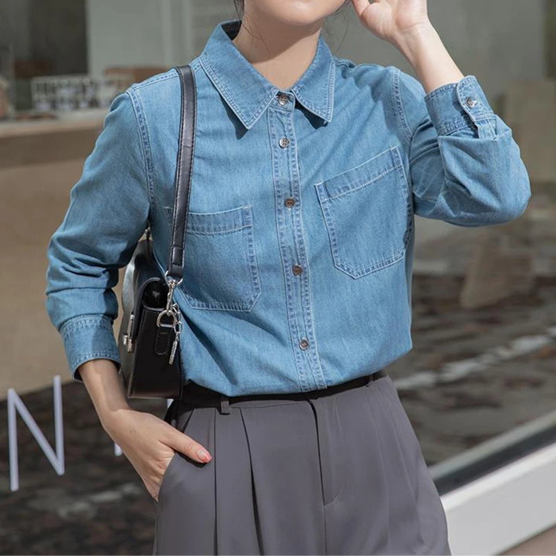 Spring new denim shirt women's Korean version versatile shoulder long sleeved casual layering shirt  denim jacket women