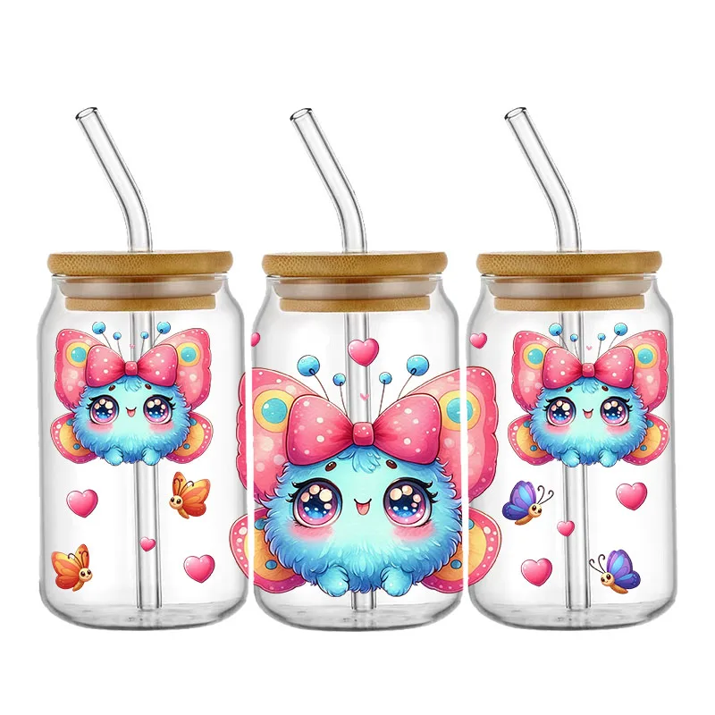 Cartoon Cute Butterfly 16OZ UV DTF Cup Wraps Transfer Sticker For Glass Libbey Can Bottle Selfadhesive Washable DIY Custom