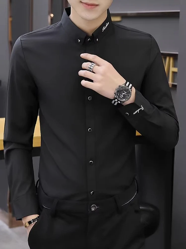 Autumn Long Sleeve Men's Shirt Slim Fit Anti-Wrinkle Iron-Free Black Fleece Lined Embroidered Business Style Casual Shirt