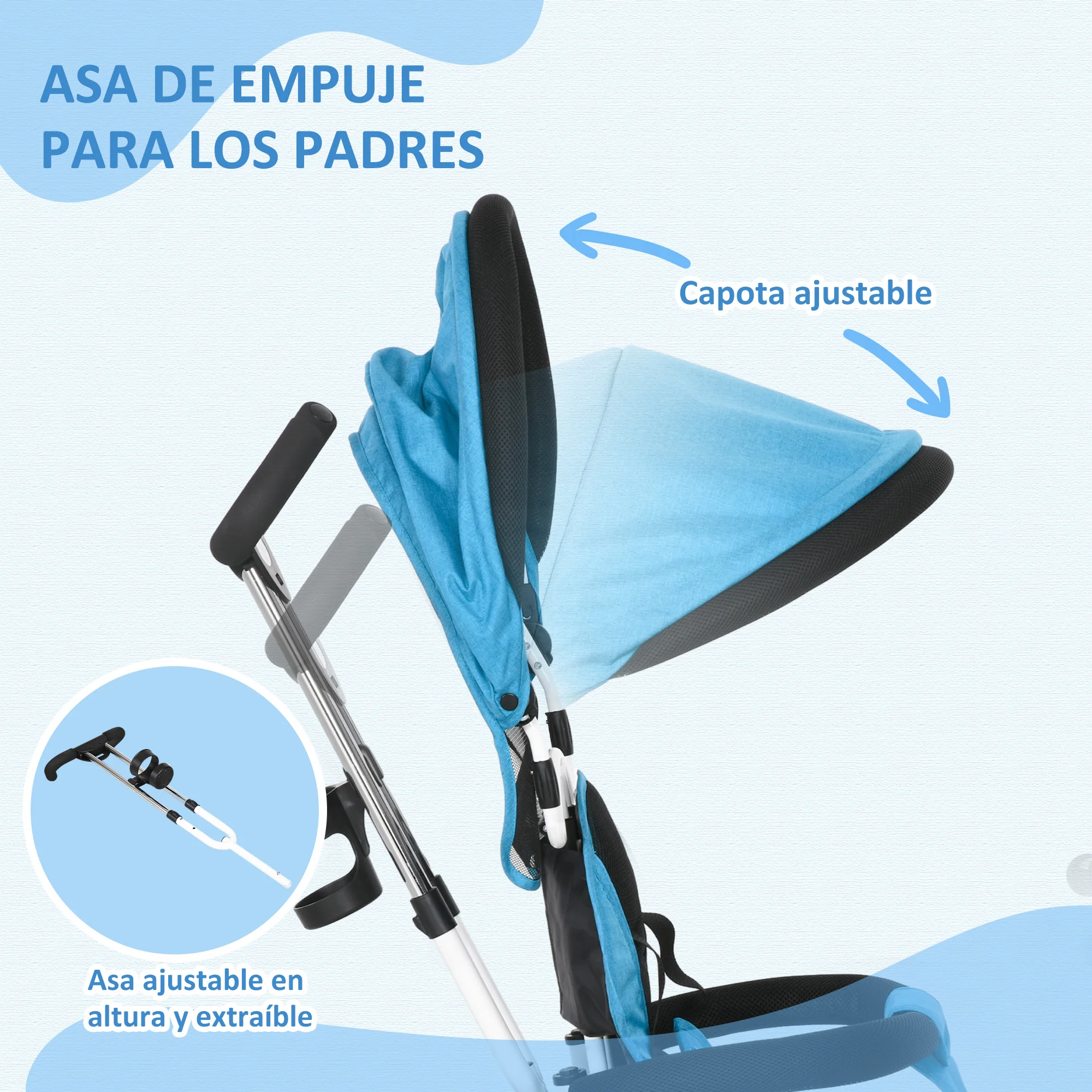 Homcom Evolutionary Tricycle for Children +12 Months with Folding Awning, Telescopic Push Handle and Safety Belt Blue