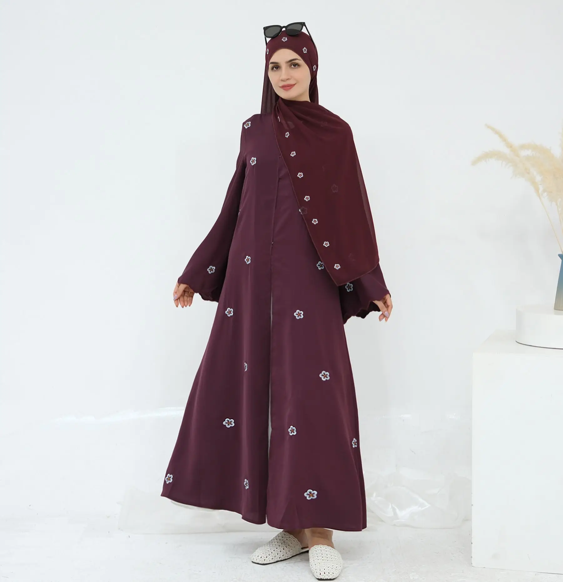 Dubai Open Abaya Moslim Hijab Jurk Set Vrouwen Borduren Kimono Jalabiya Arabisch Gewaad Lange Vest Turkije Kaftan Islam Kleding